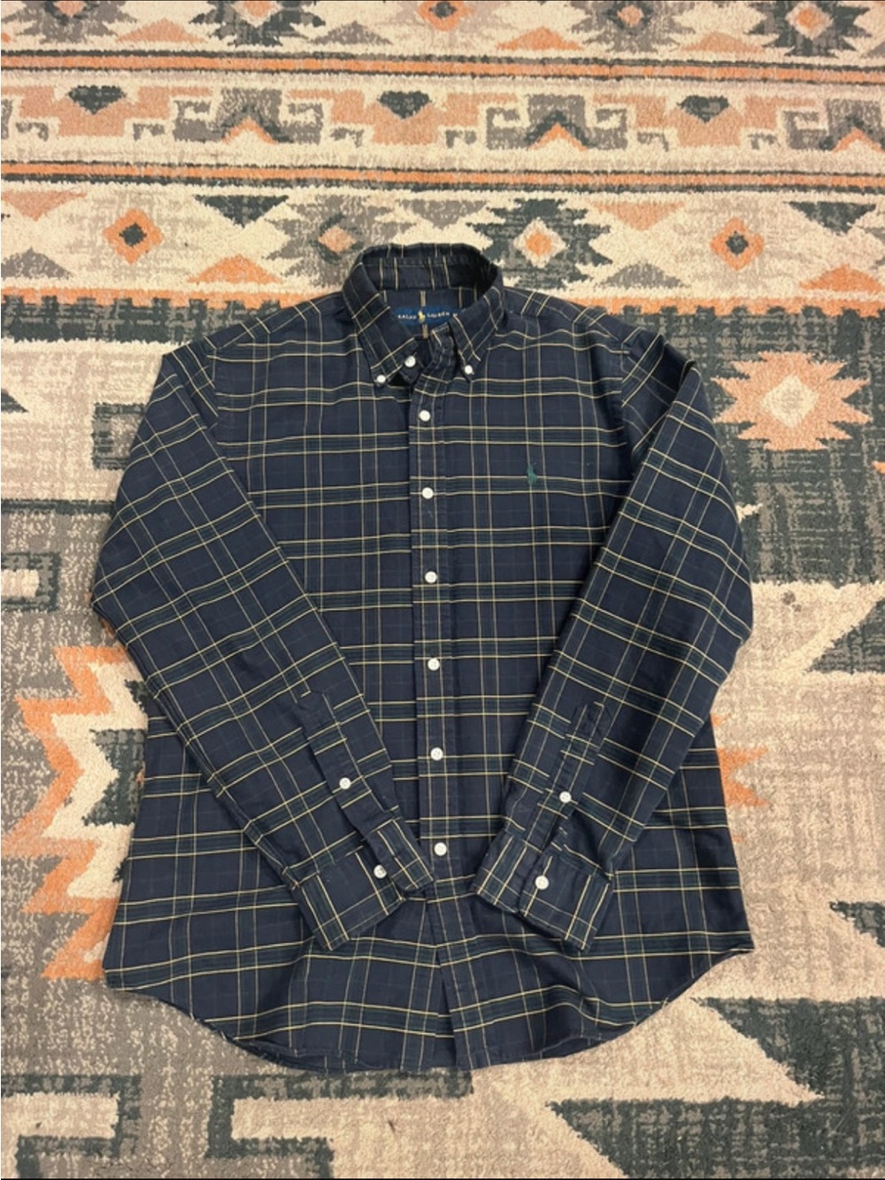Ralph Lauren Navy Plaid Button-Down Shirt with Green Windowpane